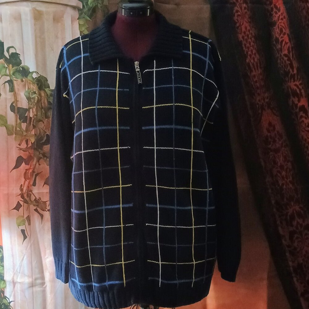 EUC: Liz Claiborne Sze. 1X Blue Plaid Grid Zip-Front Caridgan